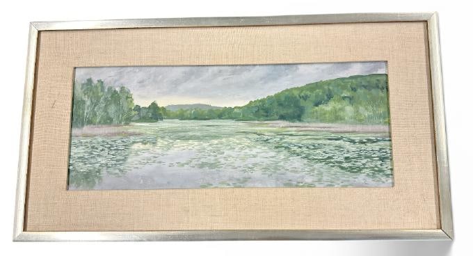 Robert Angeloch ( 1922-2011 ) impressionist o/b landscape titles ( COLD JUNE, dated 1977 ), fine: Robert Angeloch ( 1922-2011 ) impressionist o/b landscape titles ( COLD JUNE, dated 1977 ), fine condition, from Woodstock, N.Y. estate. Signed front and back, painting measures 8.5" x 20", the Eric B