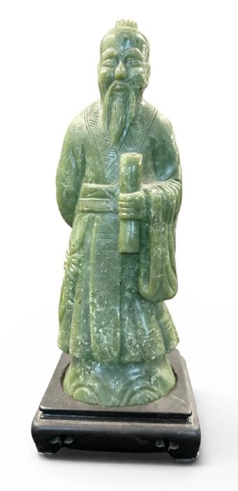 Chinese carved jade of a ( Wiseman ) on wood base, from Woodstock, N.Y. estate, nice overall: Chinese carved jade of a ( Wiseman ) on wood base, from Woodstock, N.Y. estate, nice overall condition, jade figure measures 11" high.