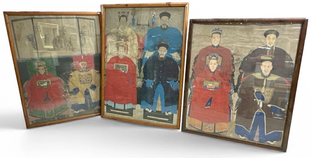 (3) large Chinese ancestral portraits from local estate ( one has a cracked glass in frame ), nice: (3) large Chinese ancestral portraits from local estate ( one has a cracked glass in frame ), nice overall condition for age, to show scale the largest frame measures 53" x 39". Just how we found them