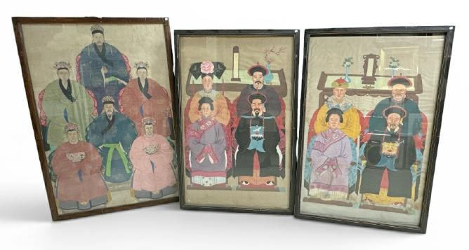 (3) large Chinese Ancestral paintings in frames, nice overall condition, from Hudson Valley estate.: (3) large Chinese Ancestral paintings in frames, nice overall condition, from Hudson Valley estate. To show scale the largest frame measures 55" x 37".