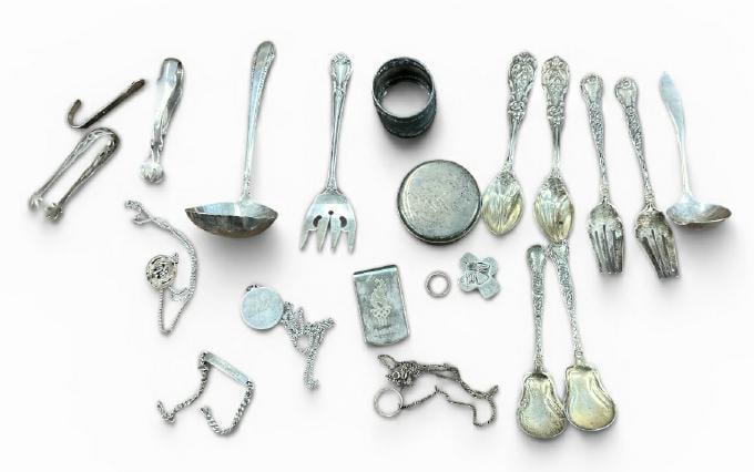 Estate STERLING SILVER lot of misc. flatware, jewelry, napkin ring, tongs, covered box, etc. Total (1 of 5)
