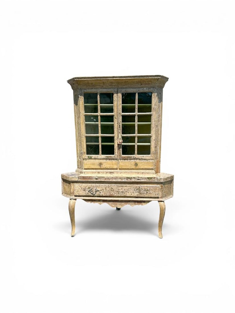 Fabulous circa 1750 Swedish Rococo corner cabinet with older paint patina, from fine home in the: Fabulous circa 1750 Swedish Rococo corner cabinet with older paint patina, from fine home in the Hudson Valley. ( 2 part ). Was pictured in a magazine shoot, it was in a Beverly Hills, California gues