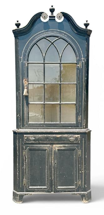 Wonderful 19th c painted (2) part corner cupboard, from fine home in Hudson Valley, great form, nice (1 of 7)