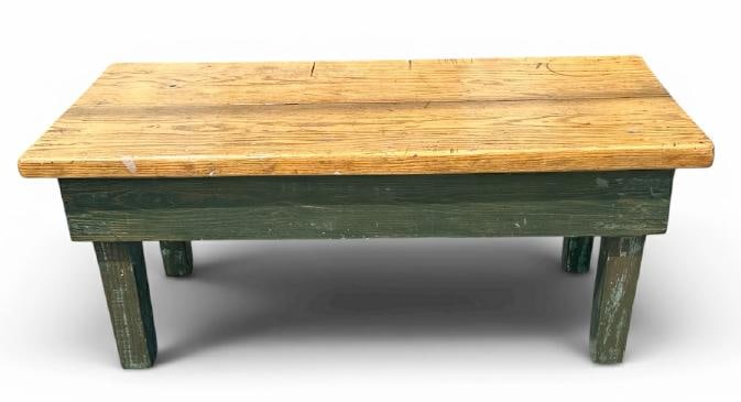 Handmade rectangular coffee table with 1.5" thick oak top and greenish painted base, structurally (1 of 2)