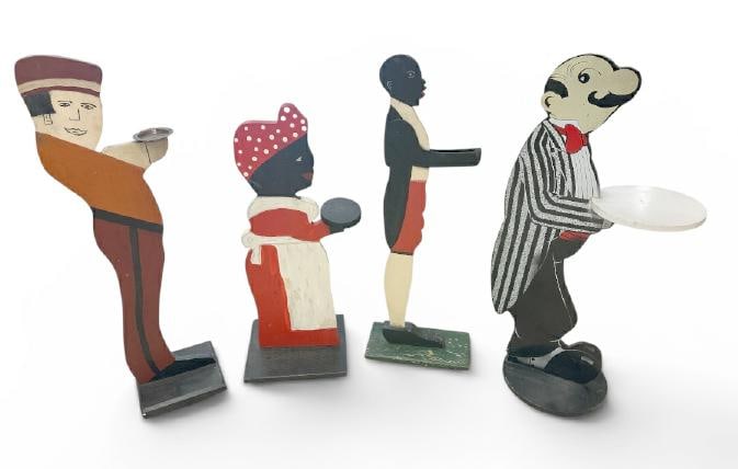 (4) Folky wood painted smoking stands, (2) older and (2) more contemporary, from a NYC apartment, to: (4) Folky wood painted smoking stands, (2) older and (2) more contemporary, from a NYC apartment, to show scale the tallest measures 36" high.