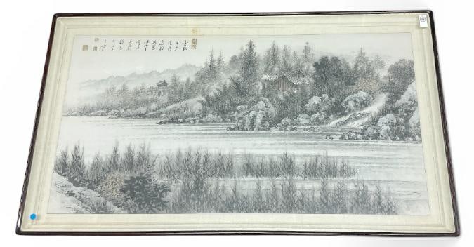 Large framed Asian landscape watercolor in shadowbox frame, signed with characters as pictured. (1 of 3)