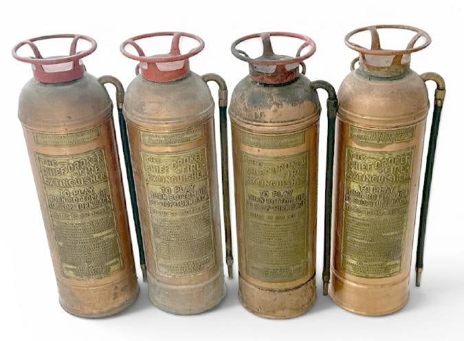 (4) THE CHIEF CROCKER FIRE EXTINGUISHERS , copper and brass name plates, (2) have fluid in them.: (4) THE CHIEF CROCKER FIRE EXTINGUISHERS , copper and brass name plates, (2) have fluid in them. These MUST be picked up, no shipping available on this lot?...please bid accordingly?..
