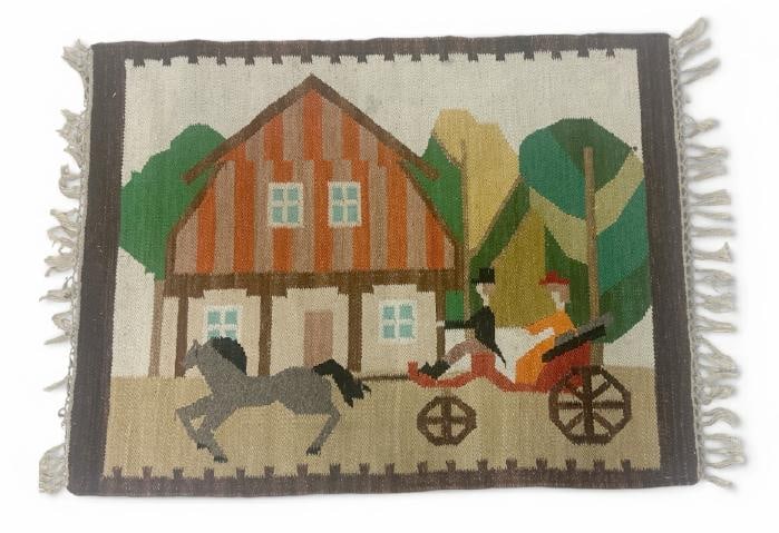Folkart polish handmade scenic wool scatter rug, label on back, nice overall condition. Measures: Folkart polish handmade scenic wool scatter rug, label on back, nice overall condition. Measures 31.5" x 40.5".