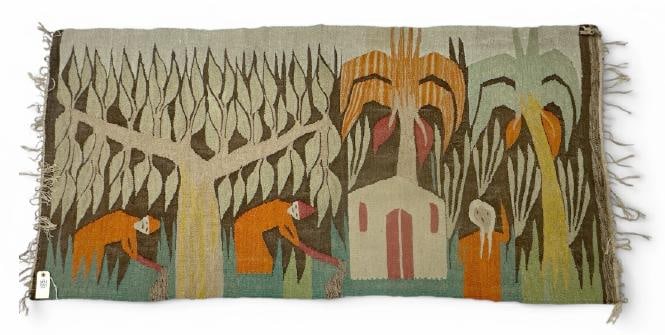 Handmade wool rug with figures, from nice estate in Hudson Valley, nice overall condition, measures (1 of 2)