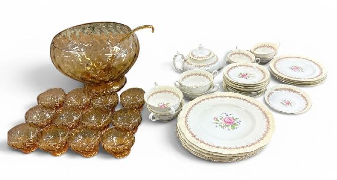 Estate lot of partial set of CAULDON Bone China dishes & Italian amber color punchbowl set with (1 of 3)