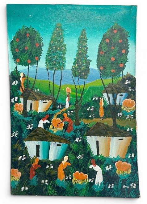 Vintage Hatian o/c colorful landscape with Women working in fields and carrying goods, signed lower (1 of 2)