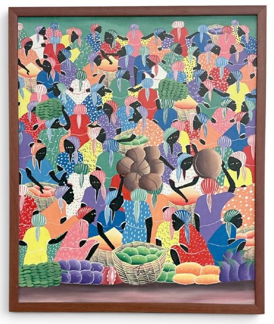 20th century o/c Hatian painting with many people going to market with vegetables, signed illegibly: 20th century o/c Hatian painting with many people going to market with vegetables, signed illegibly as pictured, fine condition, from estate collection we are selling. The painting measures 24" x 20",
