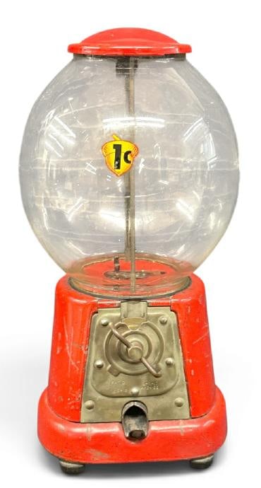 Vintage ADVANCE 1 cent gumball machine in original condition, ( has crack in glass globe on one side (1 of 5)