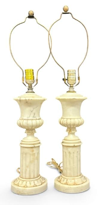 Pair alabaster decorative urn shape table lamps, from NYC estate ( one has small rime chip ), good (1 of 2)