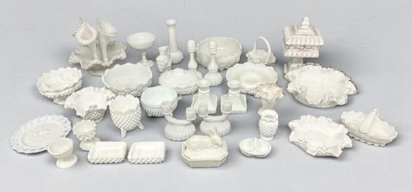 Big lot estate milk glass and a few pieces of cased glass, includes pairs of candlesticks, epergne, (1 of 5)