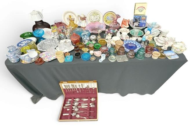 BIG lot estate glasswares, porcelains, silverplate flatware set in box, red lamps shades,: BIG lot estate glasswares, porcelains, silverplate flatware set in box, red lamps shades, collectible premium glasses, 2 advertising paperweights, collectibls and more?..great lot for a dealer or onli