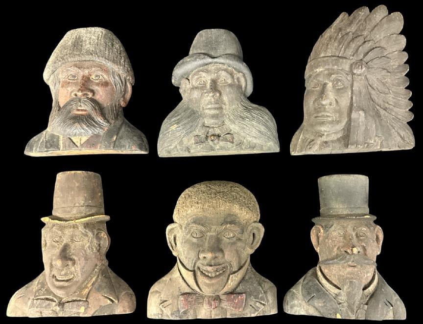 (6) wonderful early carved folk art faces including Black Gentleman, made of oak, wonderful patina, (1 of 8)