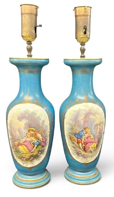 Pair 20.5" high decorative porcelain table lamps, both sides are scenic as pictured, nice estate (1 of 2)