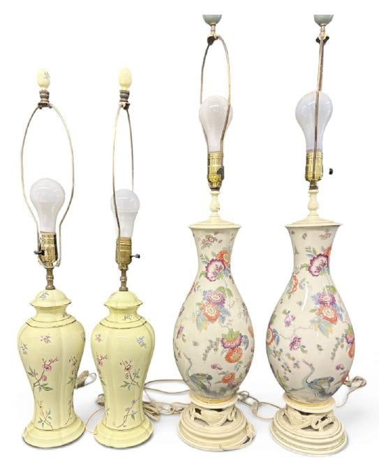 (2) pair of floral design older porcelain table lamps, nice estate condition, the larger pair has: (2) pair of floral design older porcelain table lamps, nice estate condition, the larger pair has large egret type birds also?..they both measure to tops of bases 13" and 19" high. Not including the h