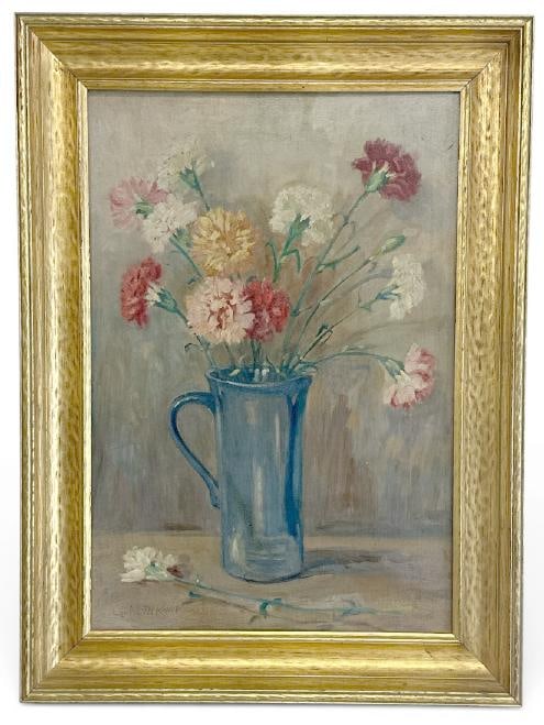 Louise Mary Wahl Kamp ( 1867-1959 ) wonderful o/b floral still life with flowers in a blue vase, (1 of 3)