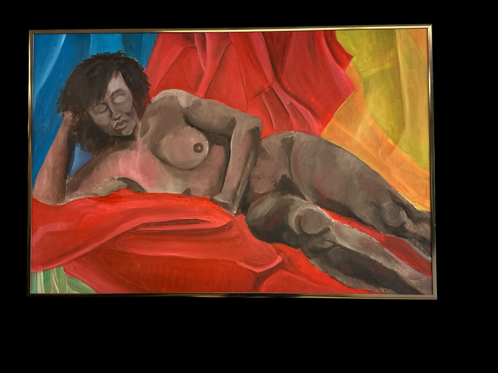 Impressionist o/c nude female reclining, unsigned, from Hudson Valley estate collection we are: Impressionist o/c nude female reclining, unsigned, from Hudson Valley estate collection we are selling, in fine condition, in bronze color metal frame. Painting measures 24" x 35", the frame emasures 