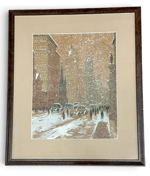 Jacob Vanderbilt (early 20th c ) w/color & gouache titled ( BROADWAY ) New York City Winter street (1 of 4)
