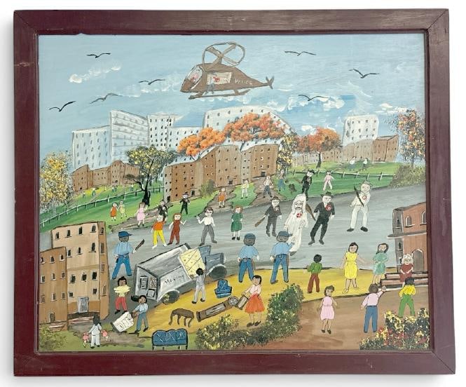 Priscilla Cassidy (1935-1999) Folk Art- Outsider Artist o/b titled ( INTEGRATING FAIR HOUSING ), (1 of 5)