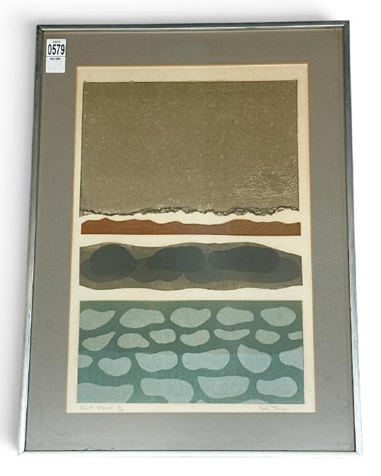 Judy Targan ( 20th c ) abstract screenprint titled ( EARTH SEGMENT ), numbered 3 of 30, signed lower (1 of 3)