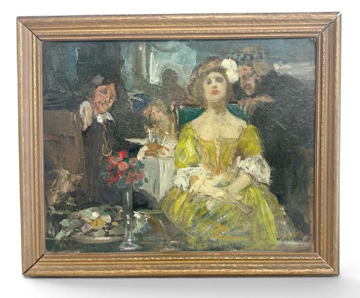 Walter Geffcken (1872 Hamburg-1950 Kreuth/Rosenheim) impressionist o/b people seated dining, signed (1 of 3)