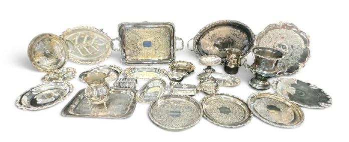 Big lot estate SILVERPLATE from fine Hudson Valley home, includes trays, pitchers, champagne bucket, (1 of 5)
