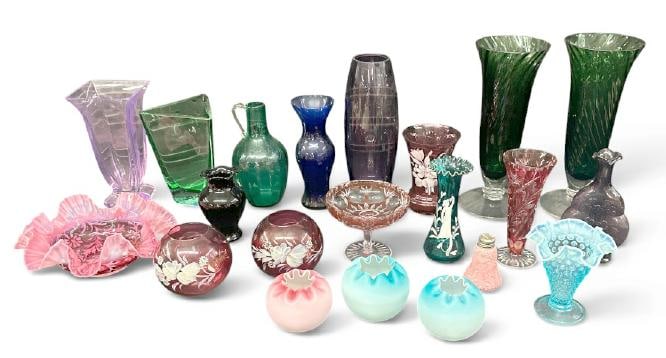 (21) vintage colored glassware pieces, including Mary Gregory, (3) satin glass rose bowls, and more, (1 of 4)