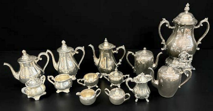 SILVERPLATE lot to include tea sets, partial sets and large coffee urn on stand, nice overall (1 of 4)