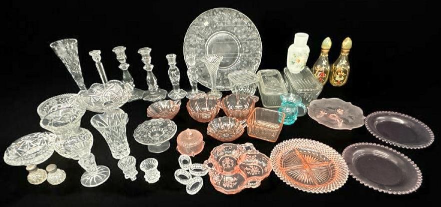 Estate lot older pressed glass, crystal, depression glass etc. Good lot for a dealer to sort out, (1 of 5)