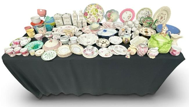 BIG estate lot misc. porcelains, some glassware, old bottles, cannisters to sets, cookie jar with (1 of 11)