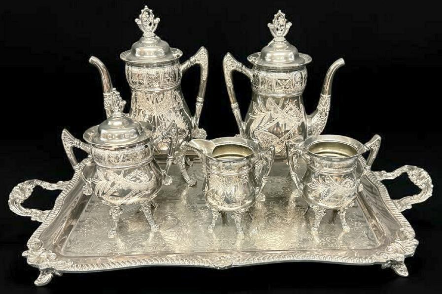Victorian (5) pc. Silverplate engraved tea set with a silverplate tray not matching, just as we (1 of 7)