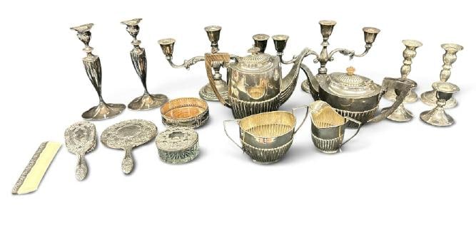 Estate lot older silverplate items to include 4 pc. Ribbed design tea set, pairs of candlesticks, (1 of 6)