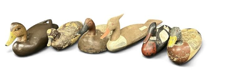 (6) older carved and painted wood decoys, from Southern NY estate, all identified on bottoms and: (6) older carved and painted wood decoys, from Southern NY estate, all identified on bottoms and pictured as we found them?..( 303009 )