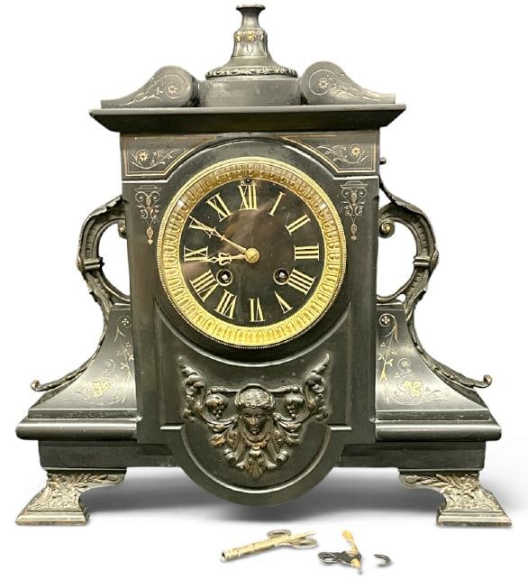 Victorian era black slate mantel clock, nice overall condition, has (3) keys, pendulum intact, (1 of 5)