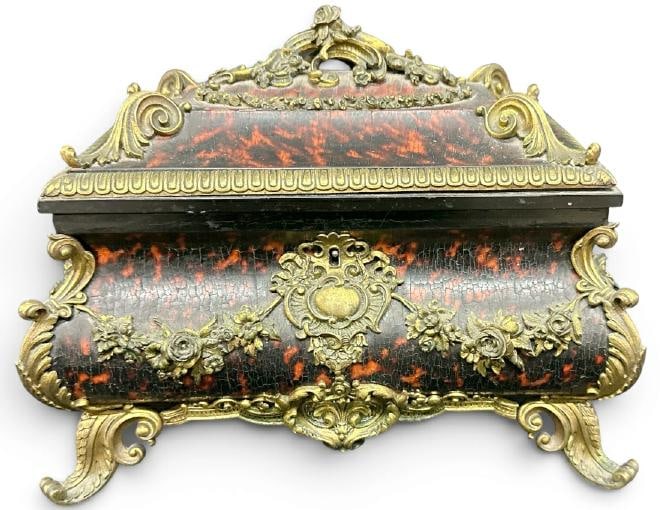 French Boulle jewelry casket or desk box, bronze mounts, measures 12" x 9" x 10" high. From local (1 of 5)
