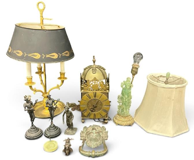 Interesting misc. estate lot to include bronze table lamp with tole shade, brass clock ( no weights (1 of 1)