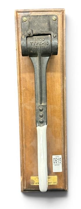 Old New York City Subway car strap hanger, mounted to wood board for hanging, nice overall: Old New York City Subway car strap hanger, mounted to wood board for hanging, nice overall condition, board measures 20" x 5.5". (340057 ).