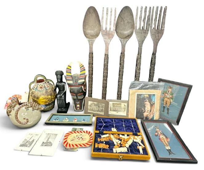 Misc. interesting estate lot to include (5) 41" high carved African forks & spoons with heads, mask, (1 of 12)