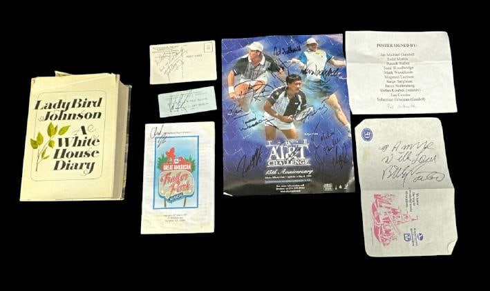 Autograph lot to include signed Lady Bird Johnson book, Tennis poster signed by players, Billy: Autograph lot to include signed Lady Bird Johnson book, Tennis poster signed by players, Billy Carter, Jack Dempsey signed postcard from his restaurant, Paul Revere signed concert ticket & Chandler Ri