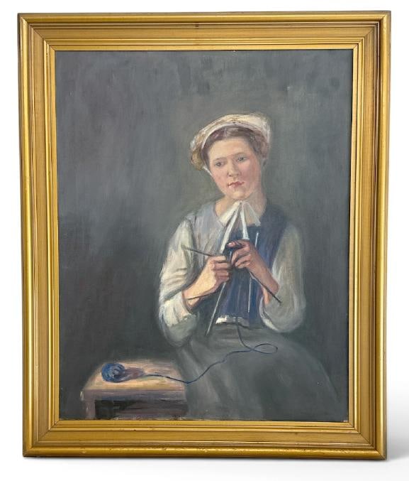 Nice older o/c portrait of Woman in bonnet knitting, unsigned, from fine home in Hudson Valley, very (1 of 2)