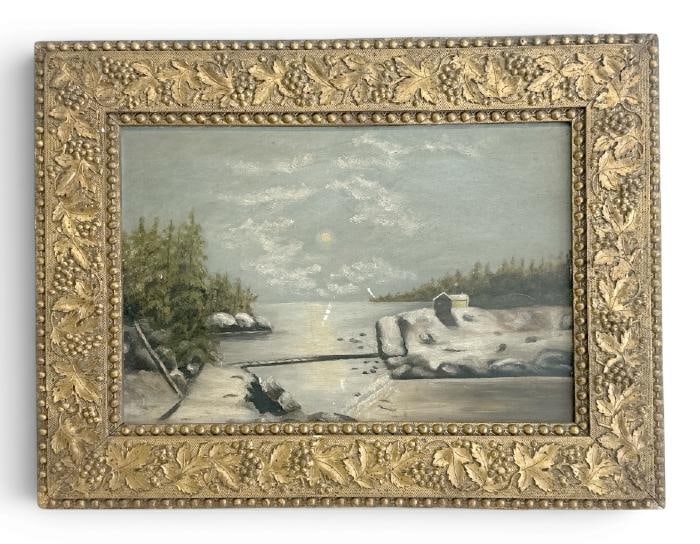 19th c o/b Winter landscape, unsigned, with house on island on left side, a few paint scuffs, from (1 of 2)
