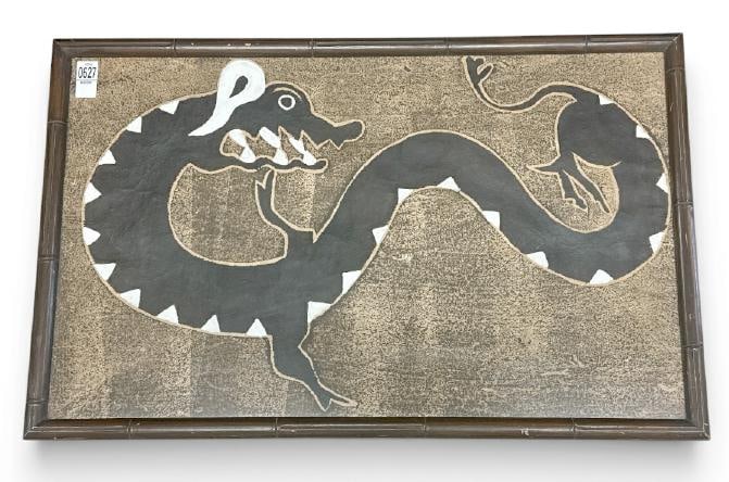Handpainted Asian (?) dragon on textured paper, from Hudson Valley estate collection we are selling.: Handpainted Asian (?) dragon on textured paper, from Hudson Valley estate collection we are selling. In faux bamboo frame, unsigned, painting measures 18.5" x 29.5", the frame measures 19.5" x 31".