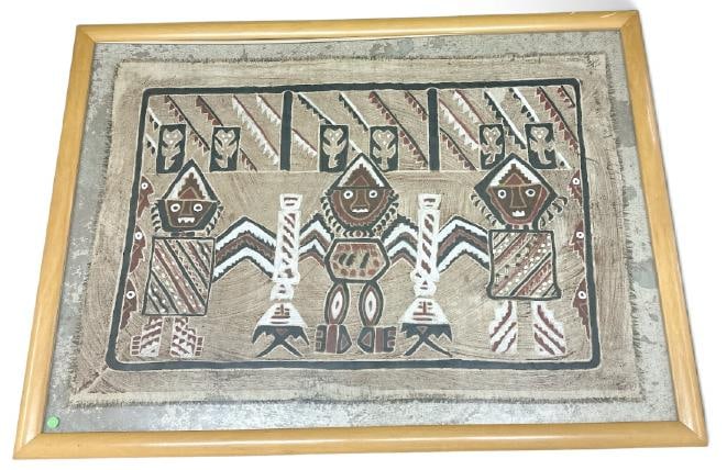 Navajo (?) vintage wall hanging pictorial painting on cloth, in frame that shows both sides. From: Navajo (?) vintage wall hanging pictorial painting on cloth, in frame that shows both sides. From estate collection we are selling, painting measures 28" x 40.5", the frame measures 36" x 48". In very