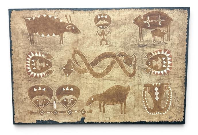 Vintage hand painted tapa bark cloth Polynesian (?) tribal and animal design, laid down on black: Vintage hand painted tapa bark cloth Polynesian (?) tribal and animal design, laid down on black wood backing, ( has some small tears ), image measures 28" x 42.5", the wood board measures 29" x 44". 