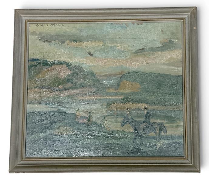Circa 1910 impressionist o/b of rider on horseback with people and mountains in background, signed (1 of 3)