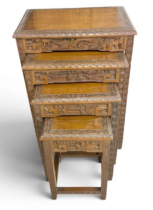 Vintage set of (4) handcarved Chinese nesting tables, nice intricate work, nice overall condition, (1 of 2)